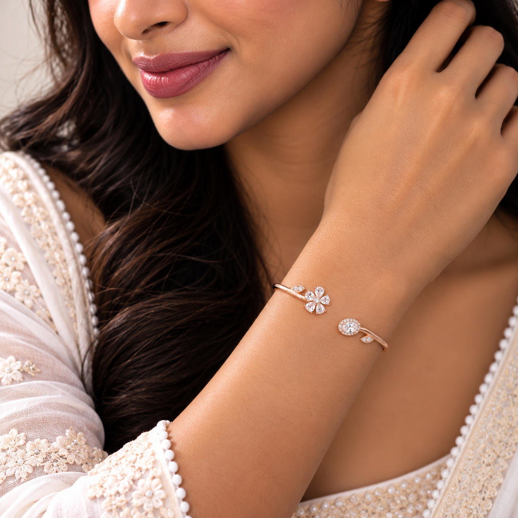 Silver Rosegold Crystal Blossom Kada