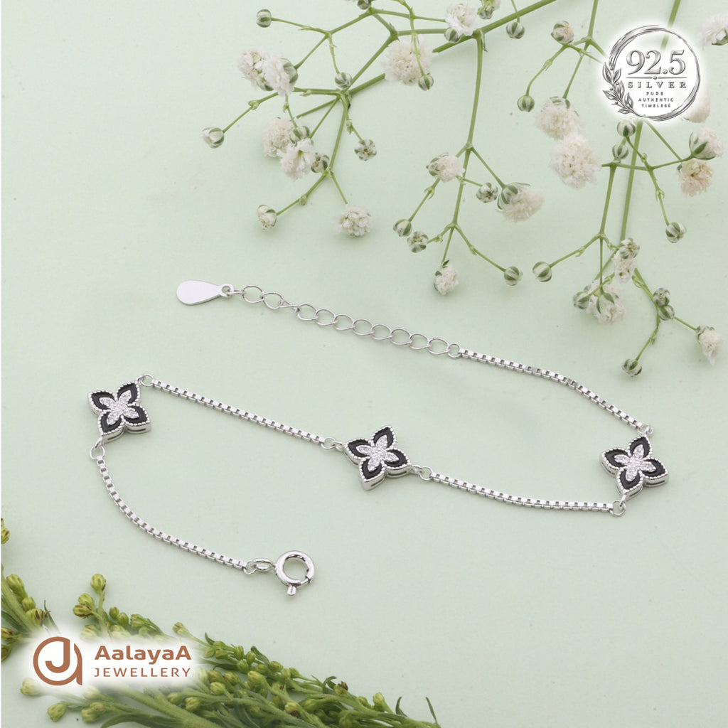 Silver Black Floral Charm Bracelet