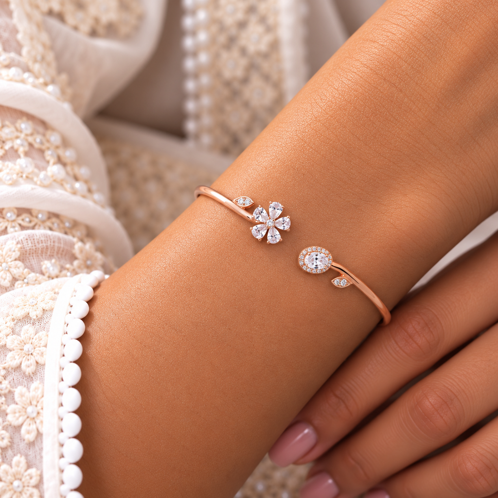 Silver Rosegold Crystal Blossom Kada