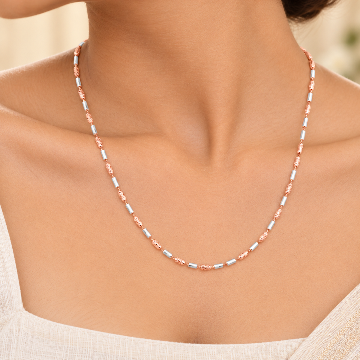 Silver Rosegold Swirl Barrel Bead Chain