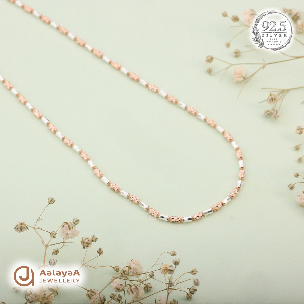Silver Rosegold Swirl Barrel Bead Chain