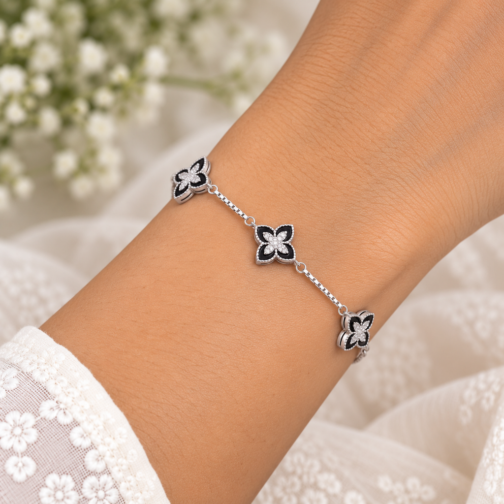 Silver Black Floral Charm Bracelet