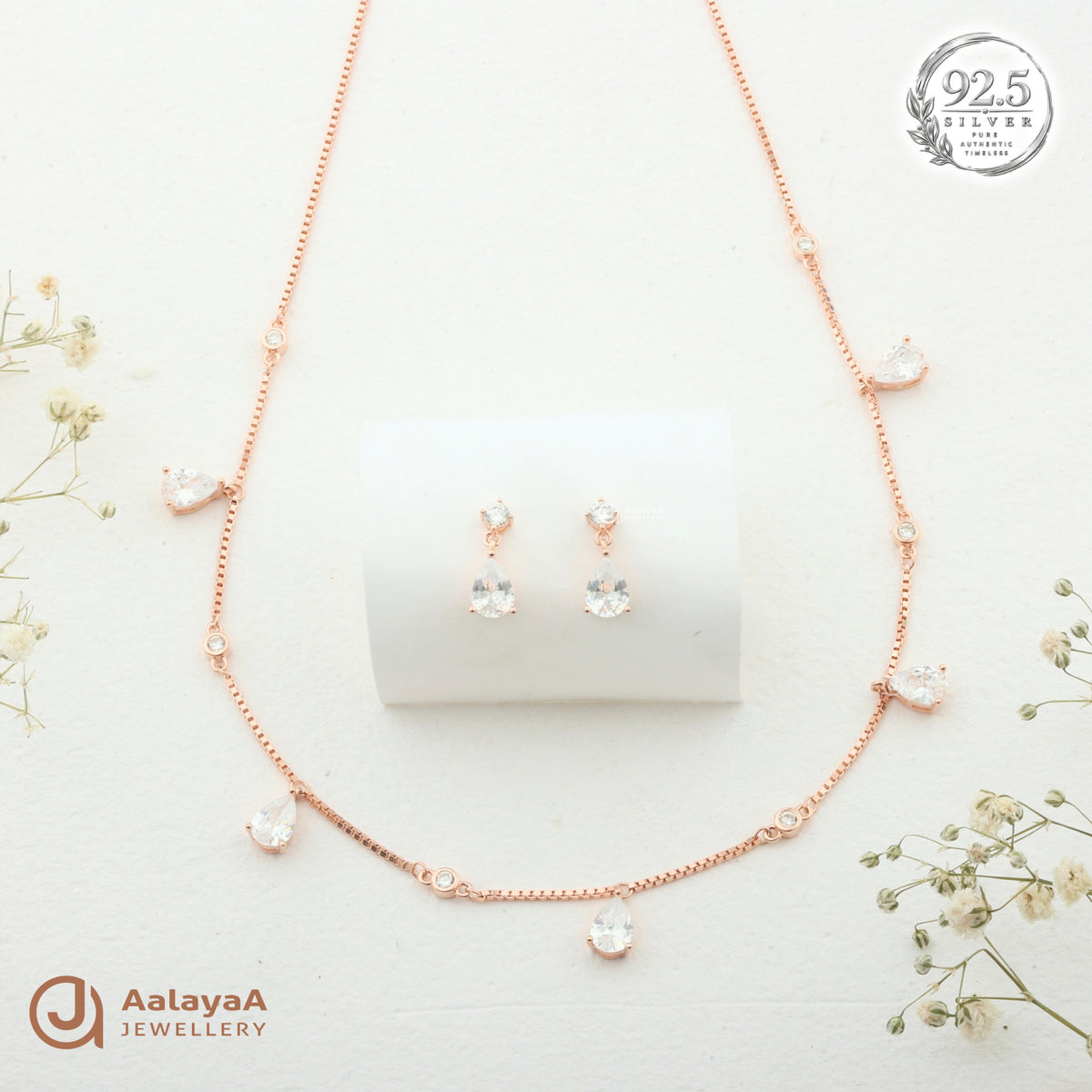 Silver Rosegold Dewdrop Sparkle Necklace Set