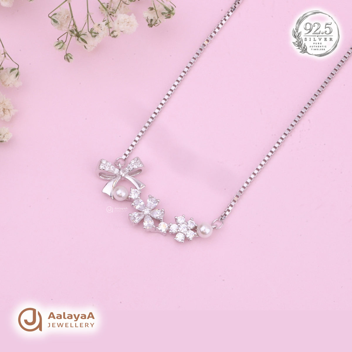 Silver Pearl Bow Blossom Chain Pendant