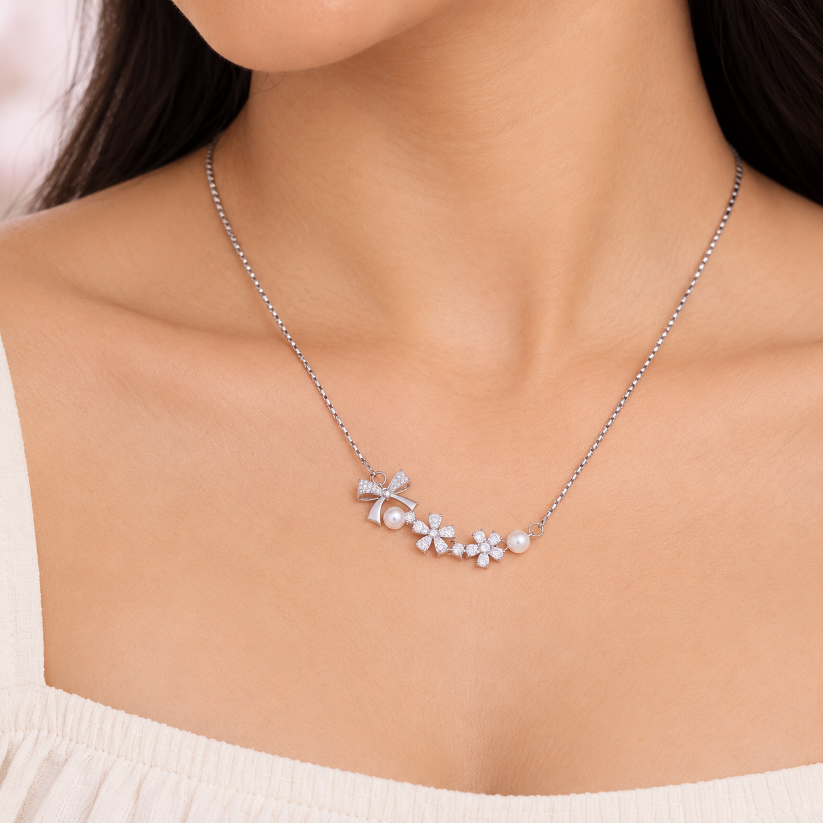Silver Pearl Bow Blossom Chain Pendant