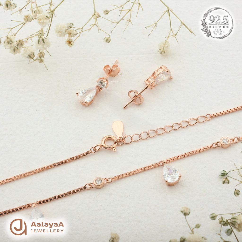 Silver Rosegold Dewdrop Sparkle Necklace Set