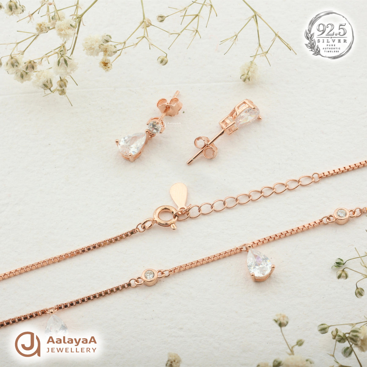 Silver Rosegold Dewdrop Sparkle Necklace Set