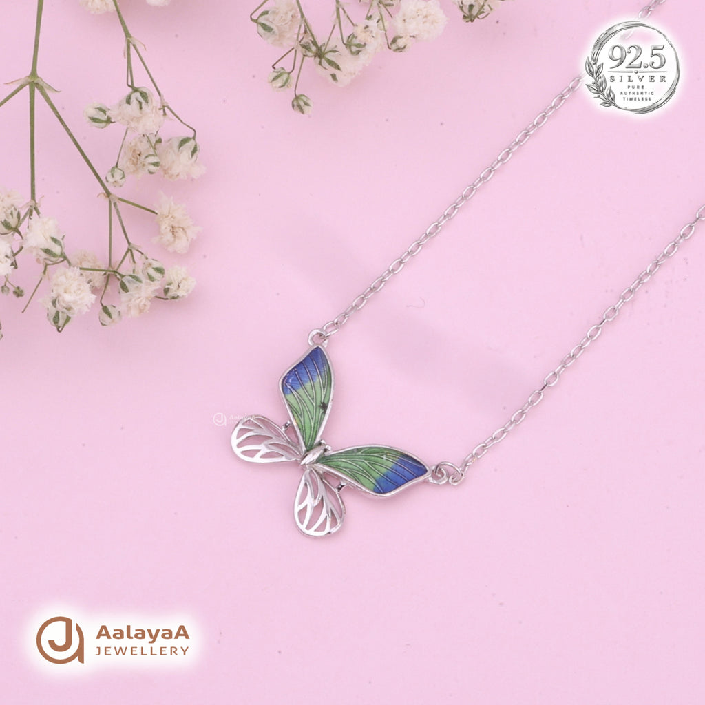 Silver Blue Green Enamel Butterfly Chain Pendant