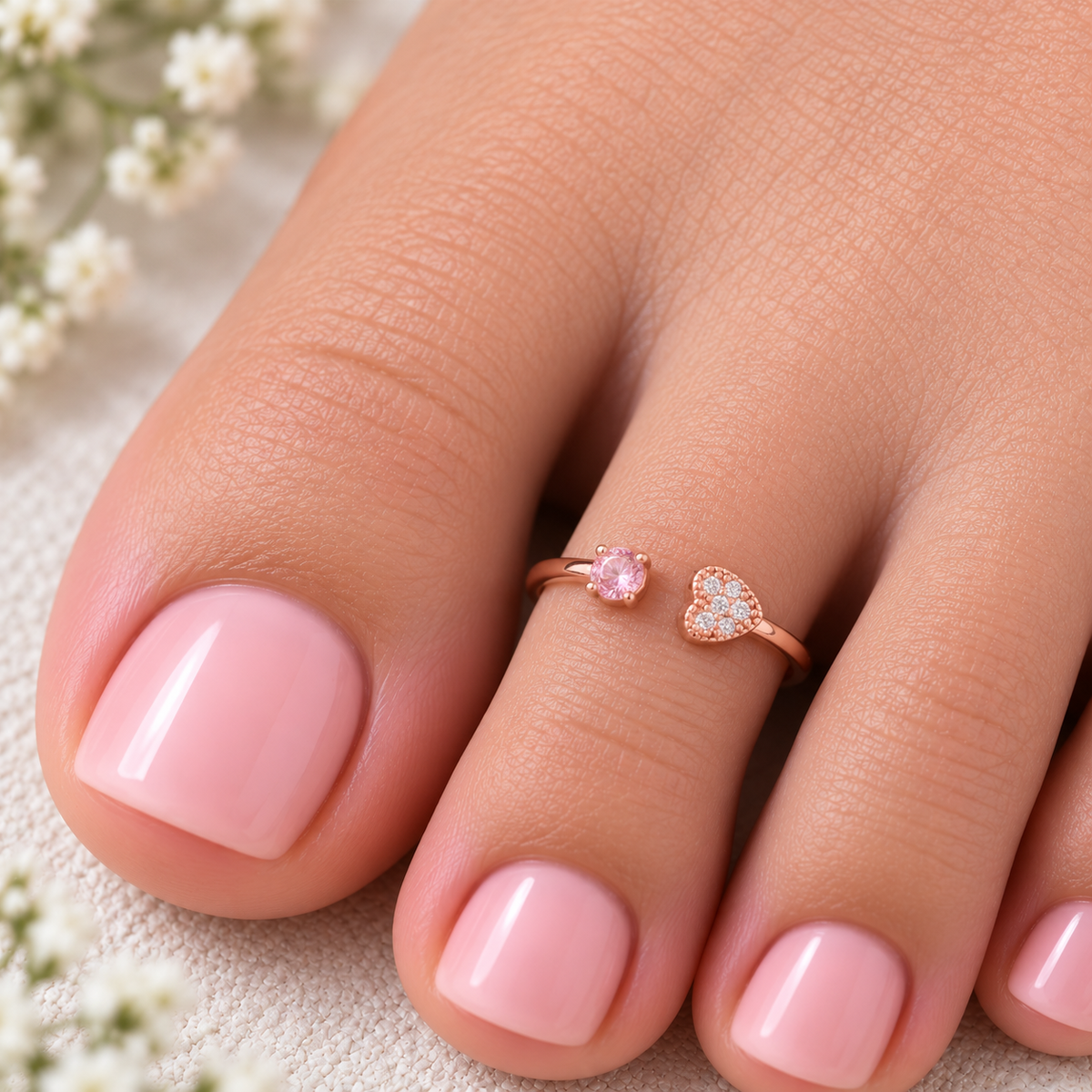 Silver RoseGold Pink Heart Sparkle Toe Ring