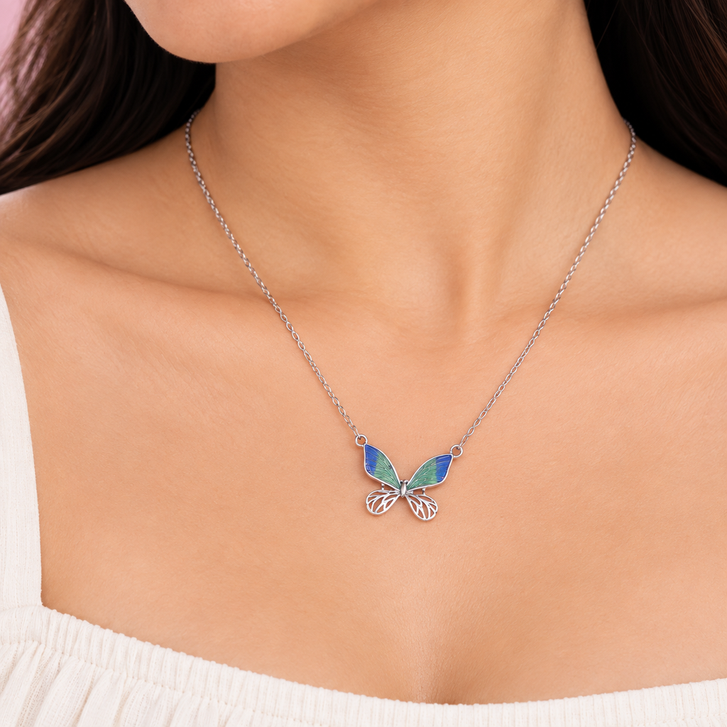 Silver Blue Green Enamel Butterfly Chain Pendant