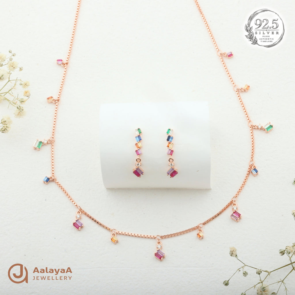 Silver Rosegold Rainbow Charm Necklace Set
