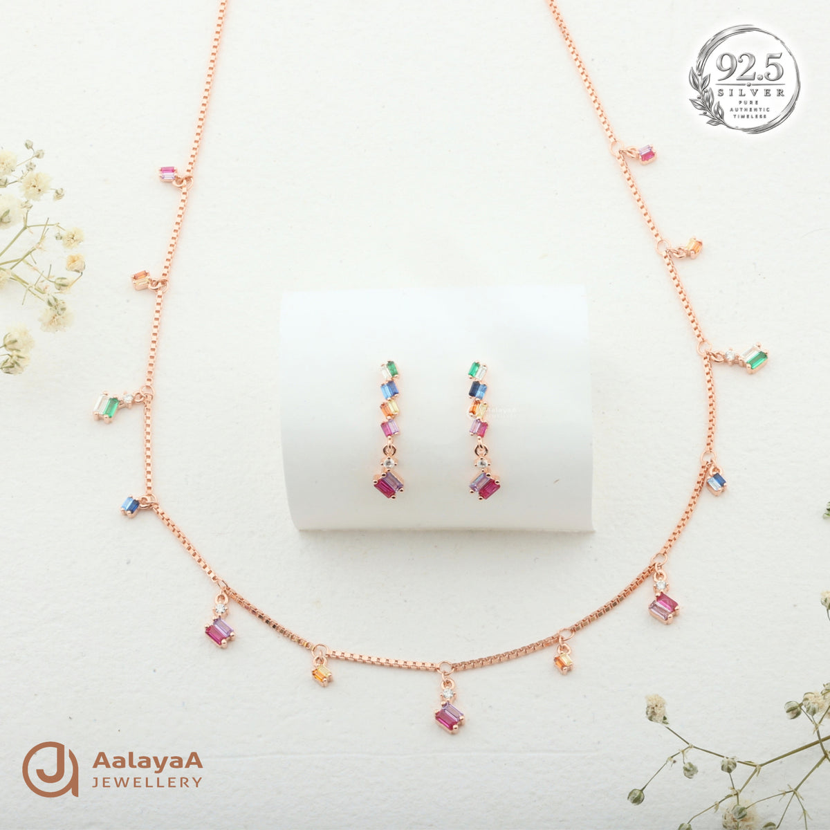 Silver Rosegold Rainbow Charm Necklace Set