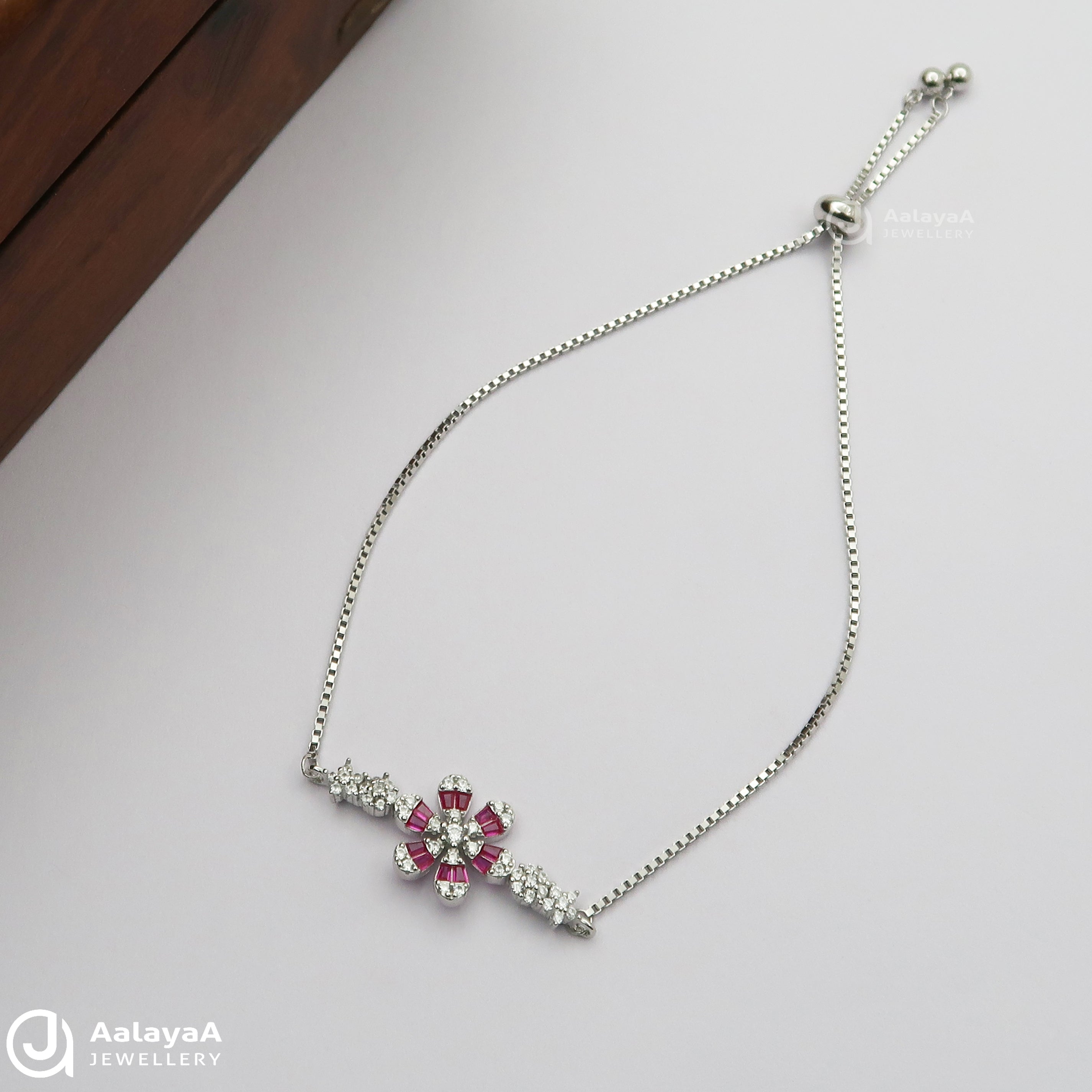 Adjustable Pink Flower Silver Bracelets