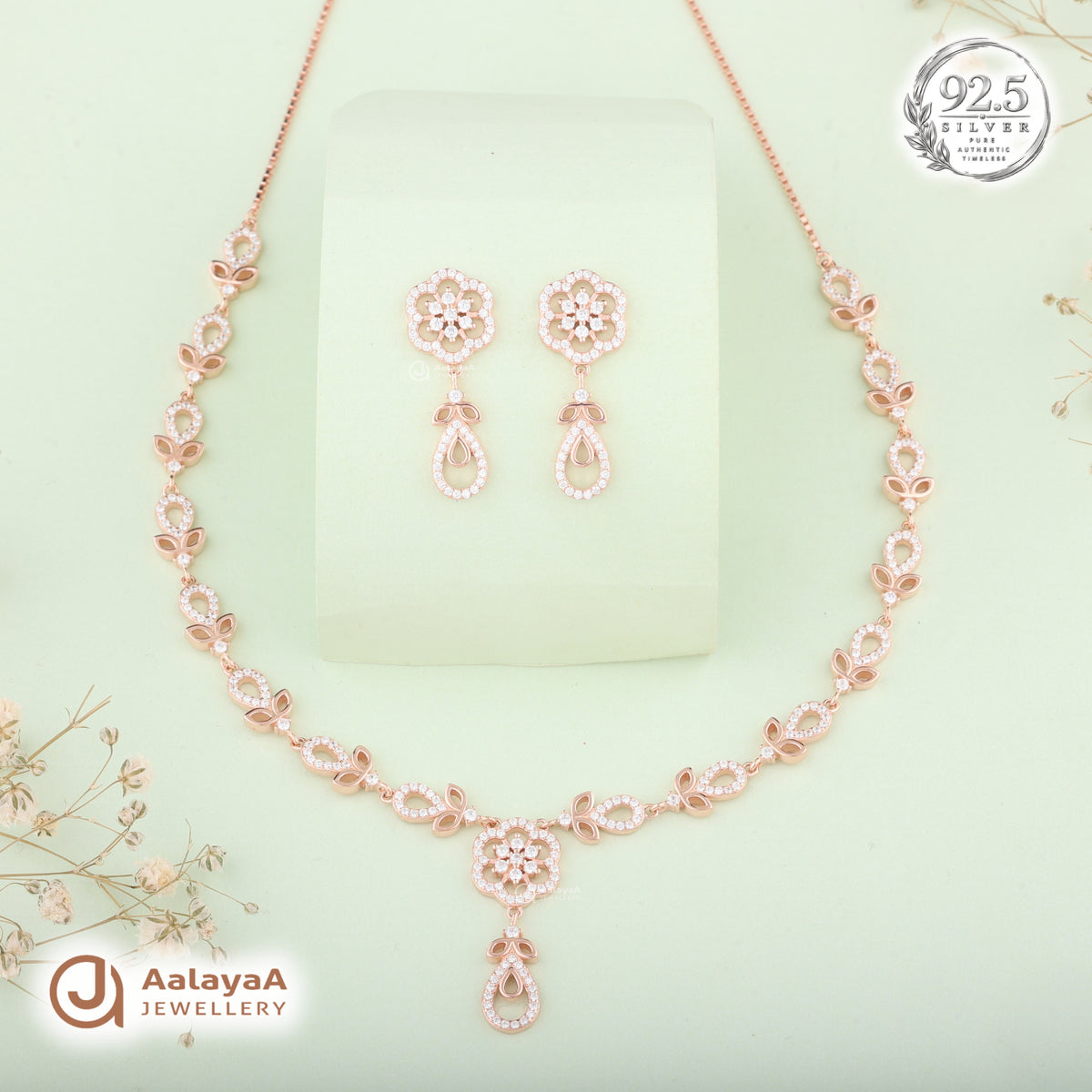 Silver Rose Gold Evanna Petal Necklace Set