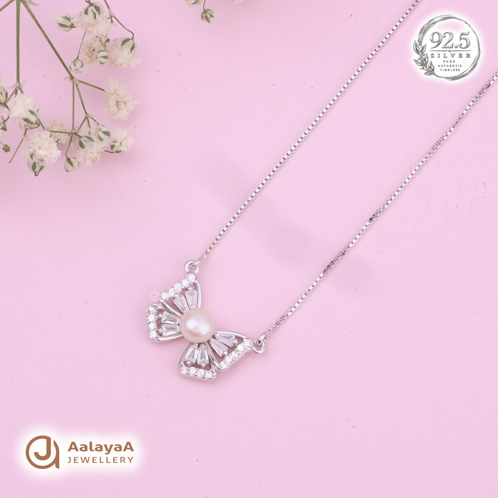 Silver Pearl Crystal Butterfly Chain Pendant