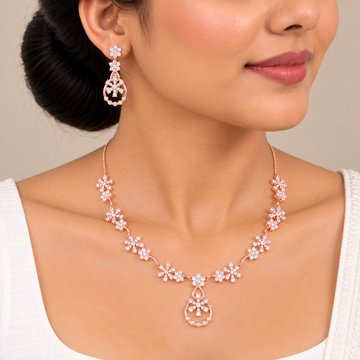 Silver Rose Gold Althea Blossom Necklace Set