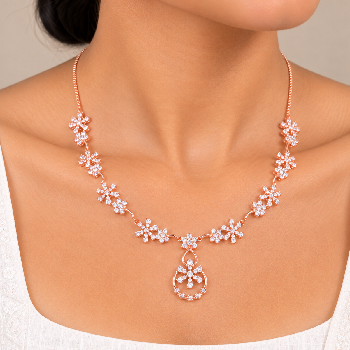 Silver Rose Gold Althea Blossom Necklace Set