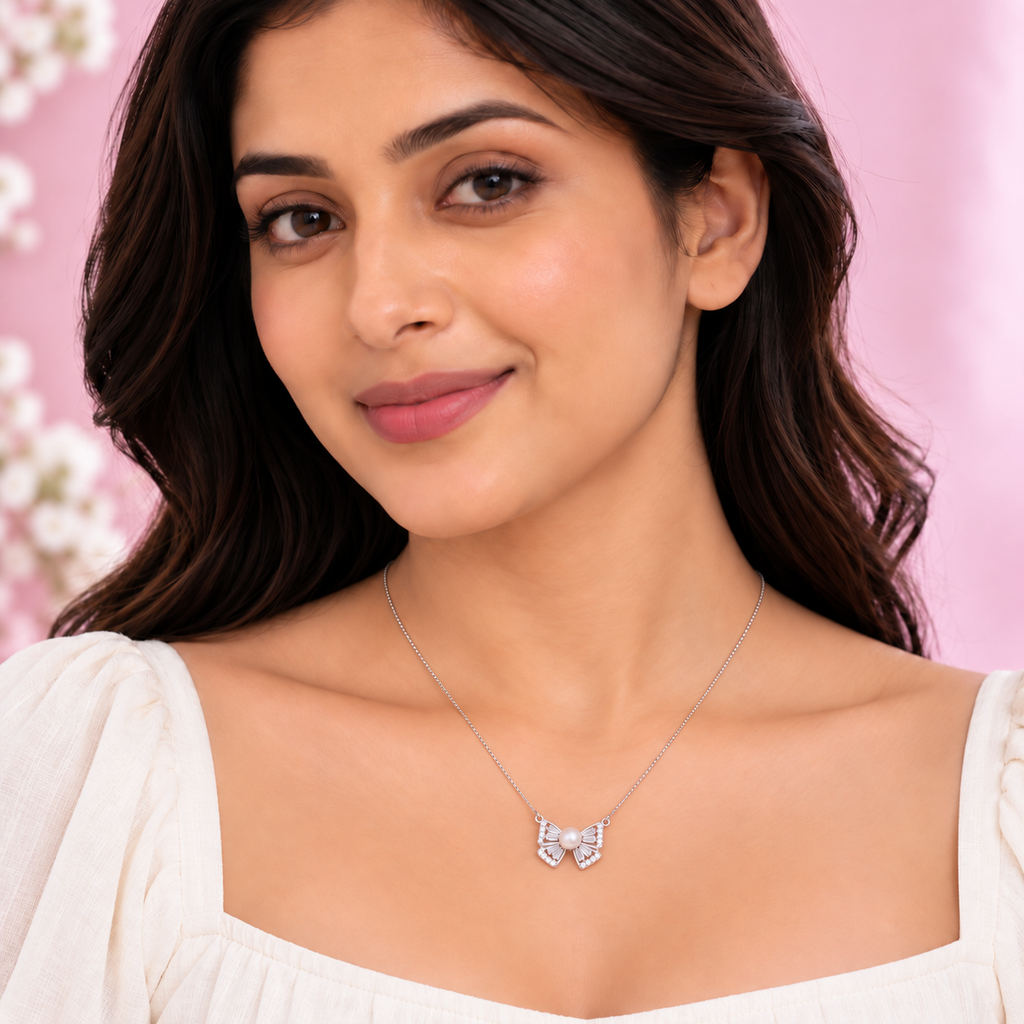 Silver Pearl Crystal Butterfly Chain Pendant