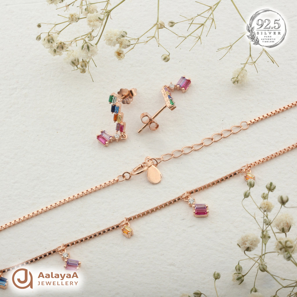 Silver Rosegold Rainbow Charm Necklace Set