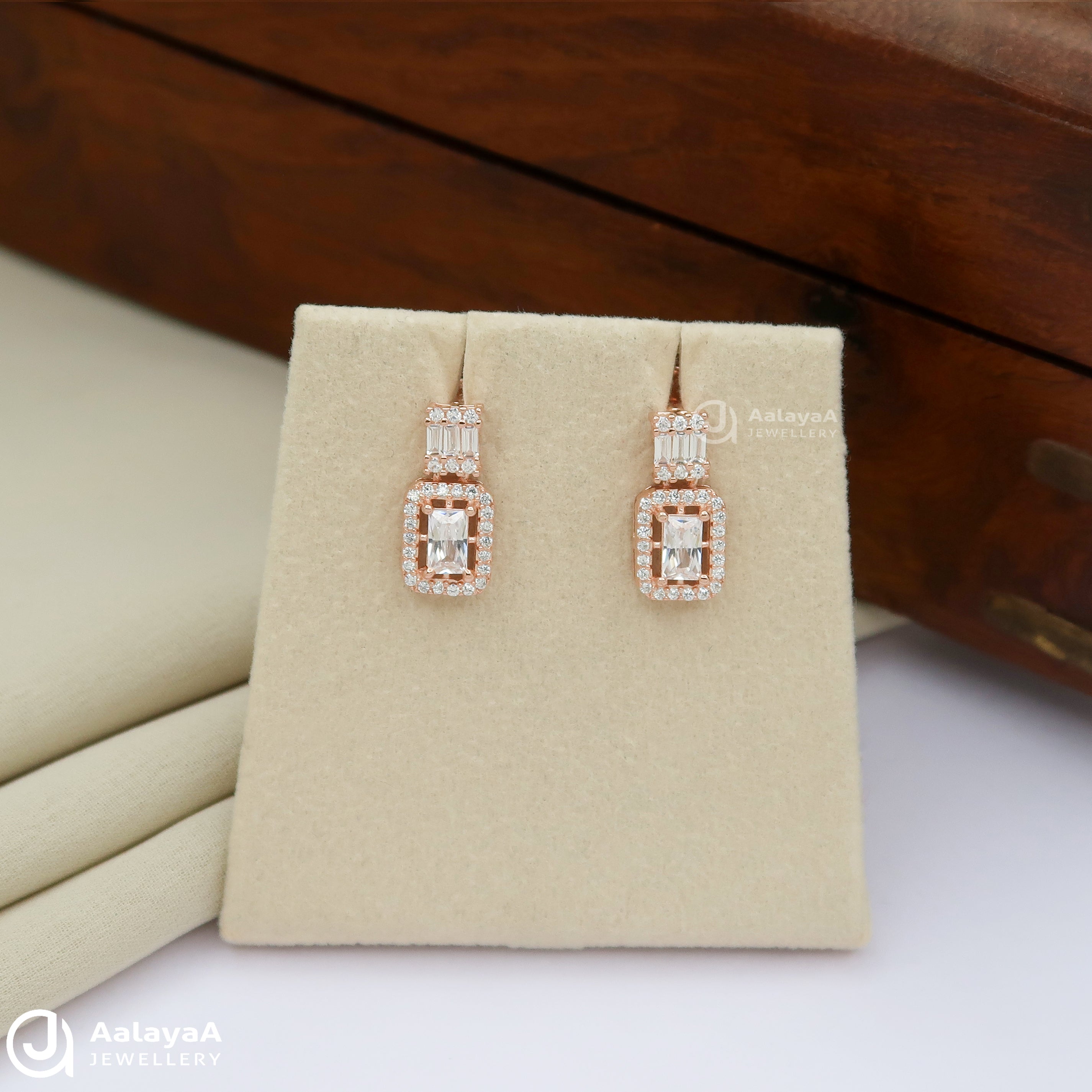 Silver Rosegold Buguette Stone Drop Earrings