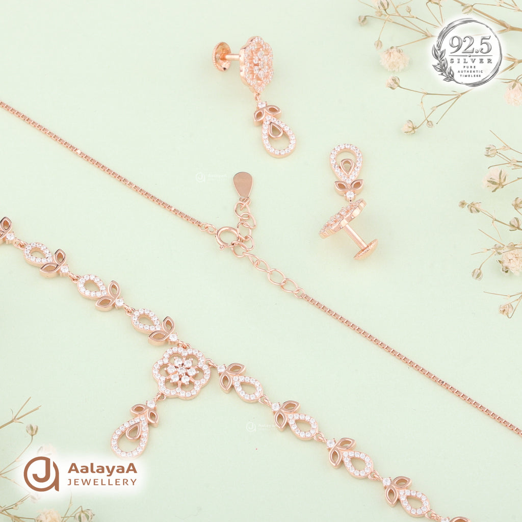 Silver Rose Gold Evanna Petal Necklace Set