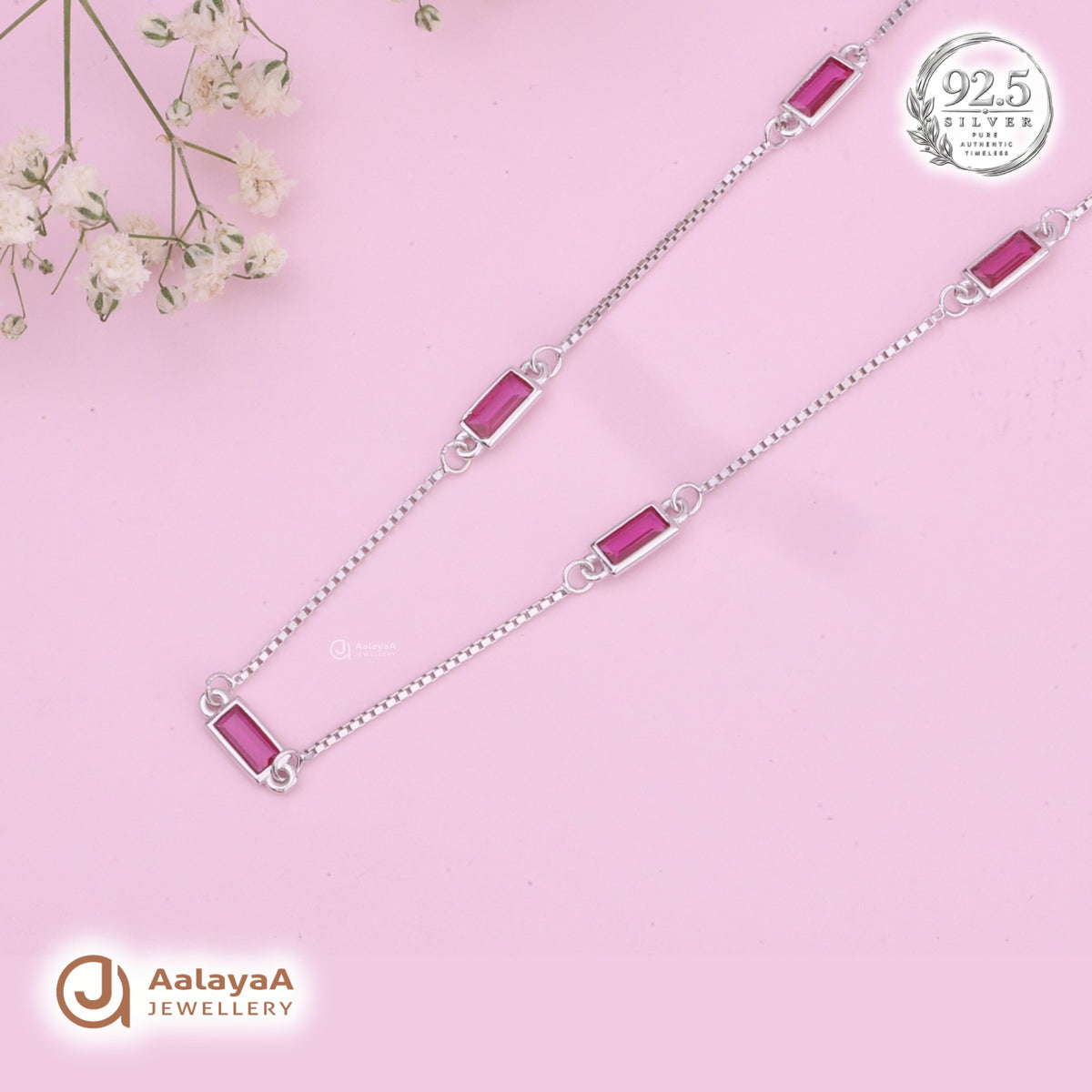 Silver Ruby Baguette Station Chain