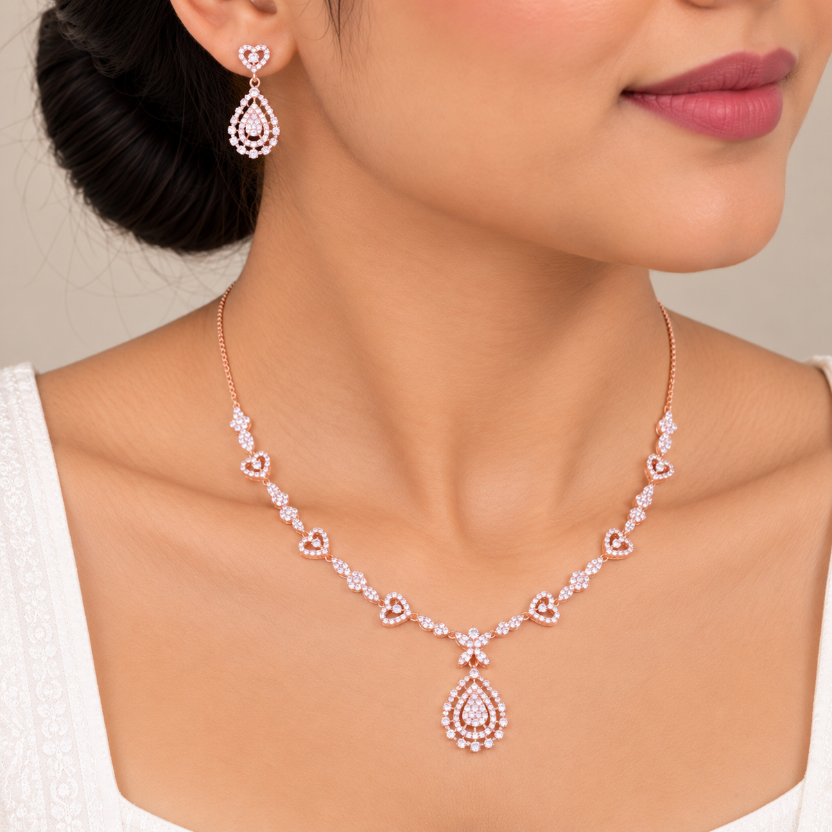 Silver Rose Gold Amoura Heart Necklace Set