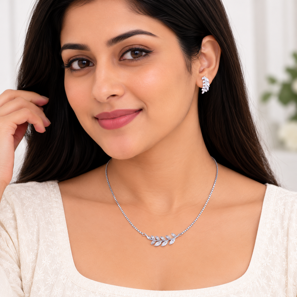 Silver Olive Leaf Necklace Set