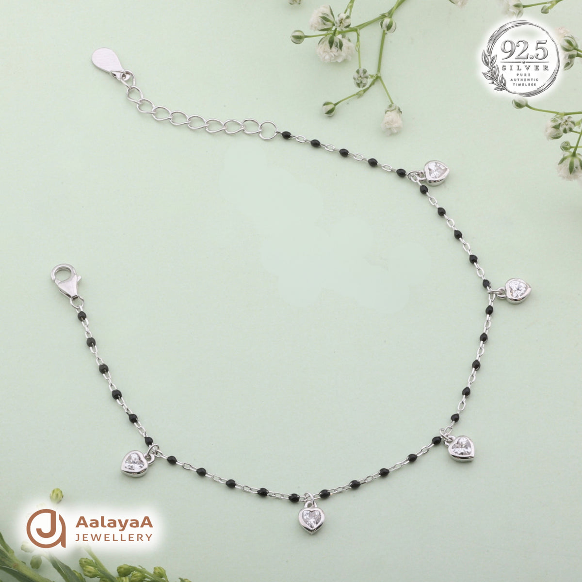Silver Black Bead Heart Charm Bracelet