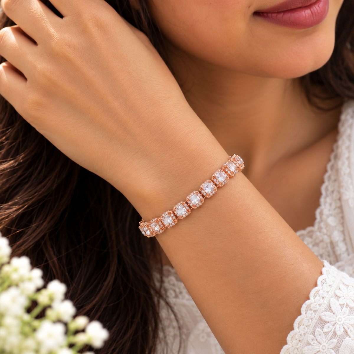 Silver Rosegold Princess Halo Tennis Bracelet