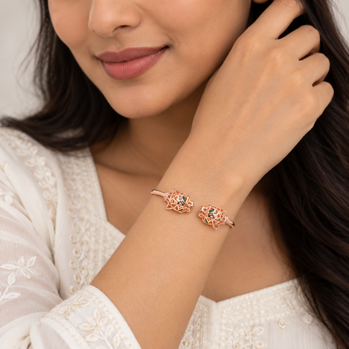 Silver Rosegold Geometric Panther Kada