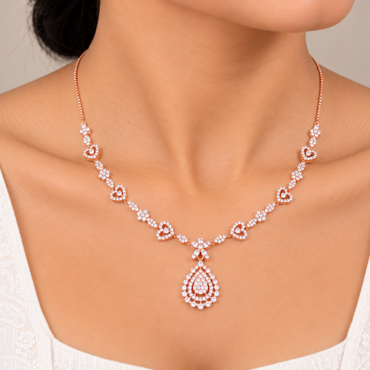 Silver Rose Gold Amoura Heart Necklace Set
