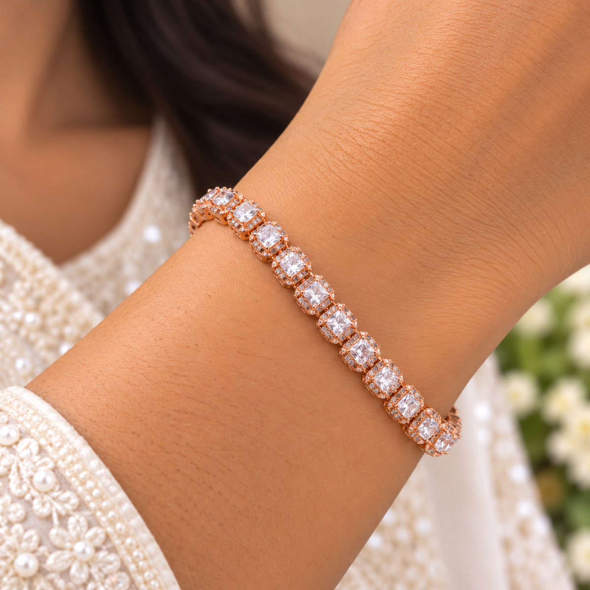 Silver Rosegold Princess Halo Tennis Bracelet