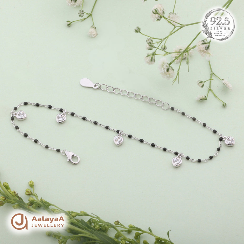 Silver Black Bead Heart Charm Bracelet