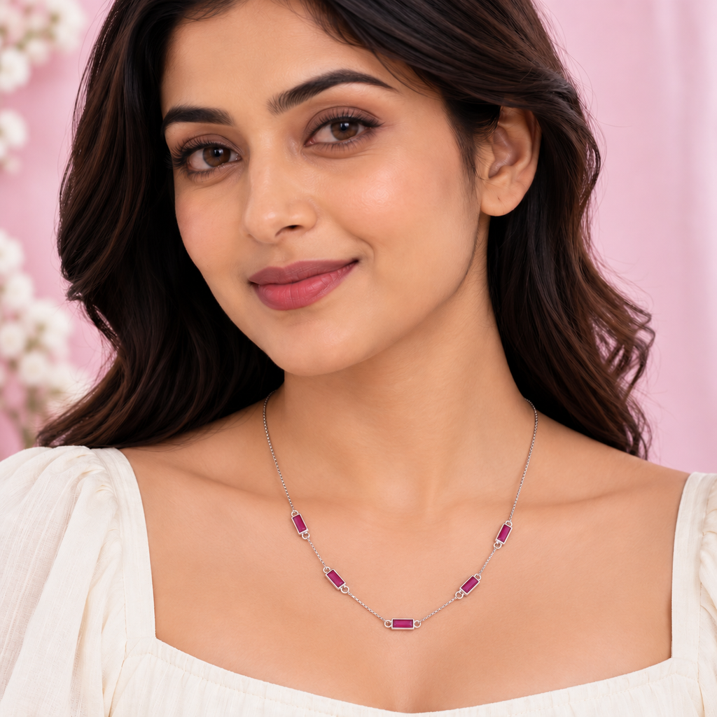Silver Ruby Baguette Station Chain