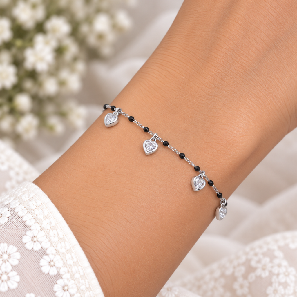 Silver Black Bead Heart Charm Bracelet