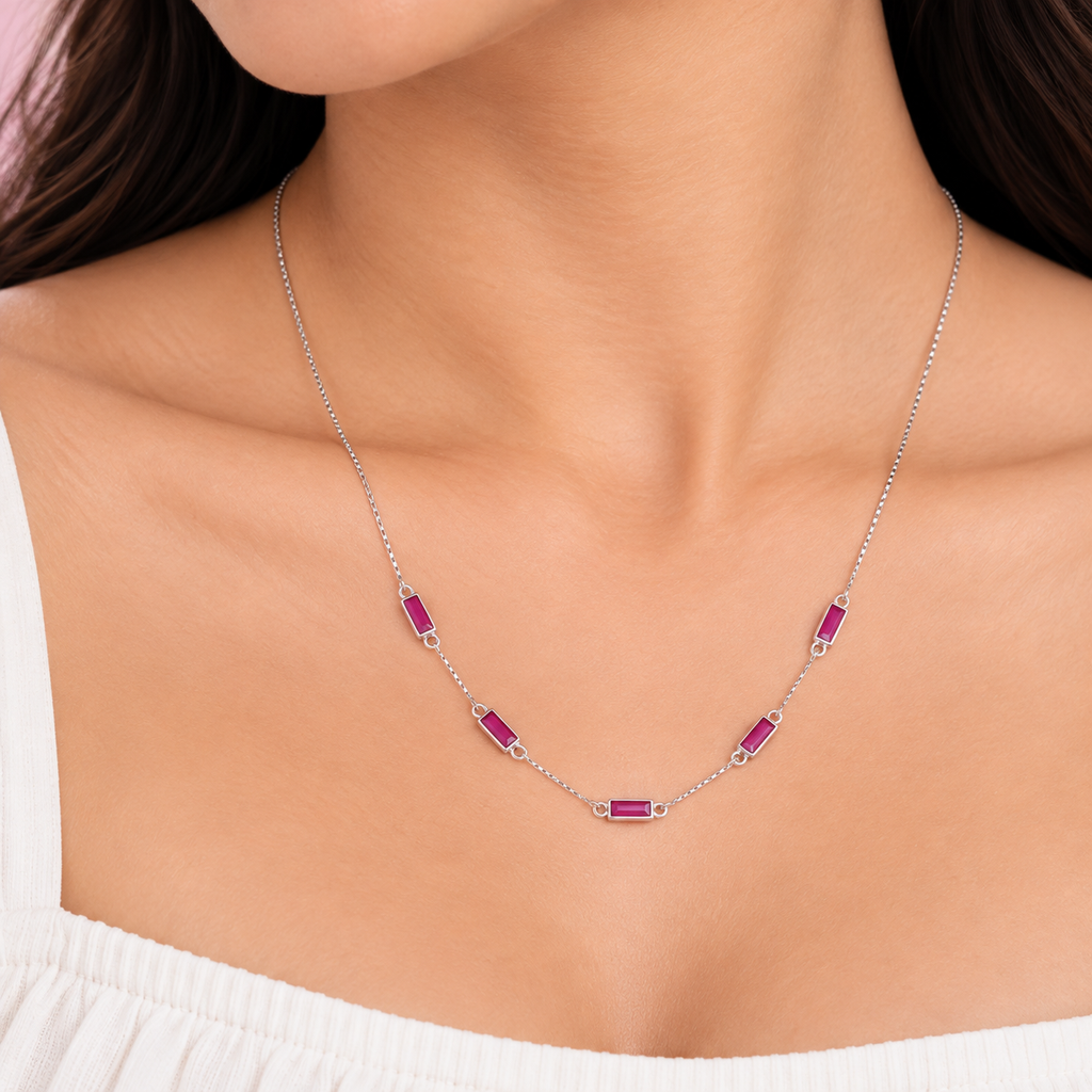 Silver Ruby Baguette Station Chain