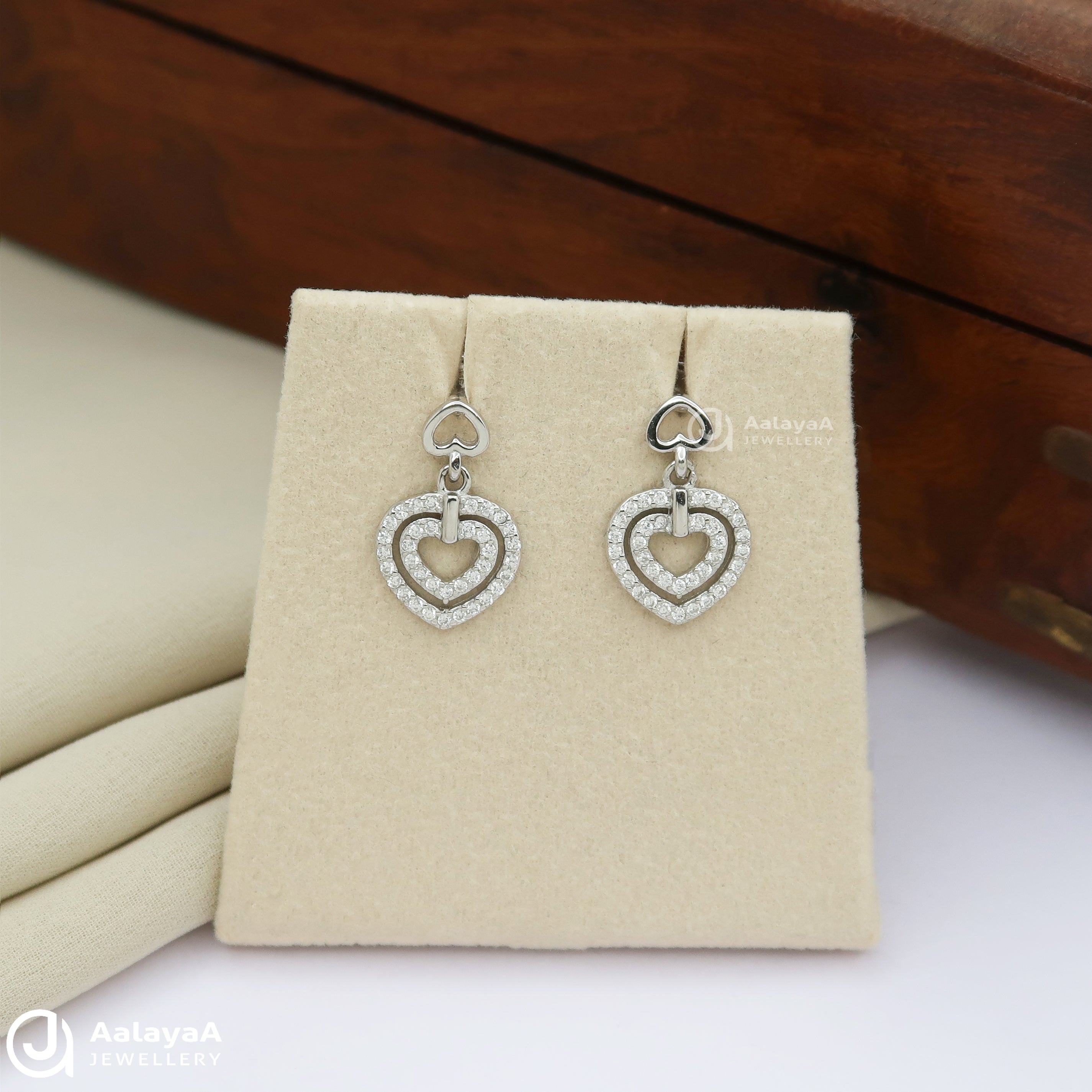 Double Heart Silver Drop Earrings