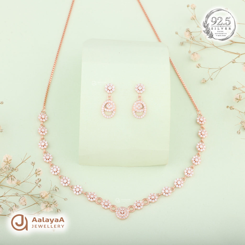 Silver Rose Gold Miraya Halo Necklace Set