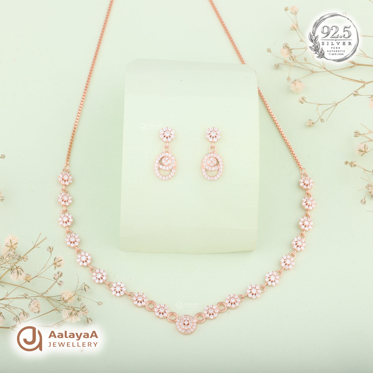 Silver Rose Gold Miraya Halo Necklace Set
