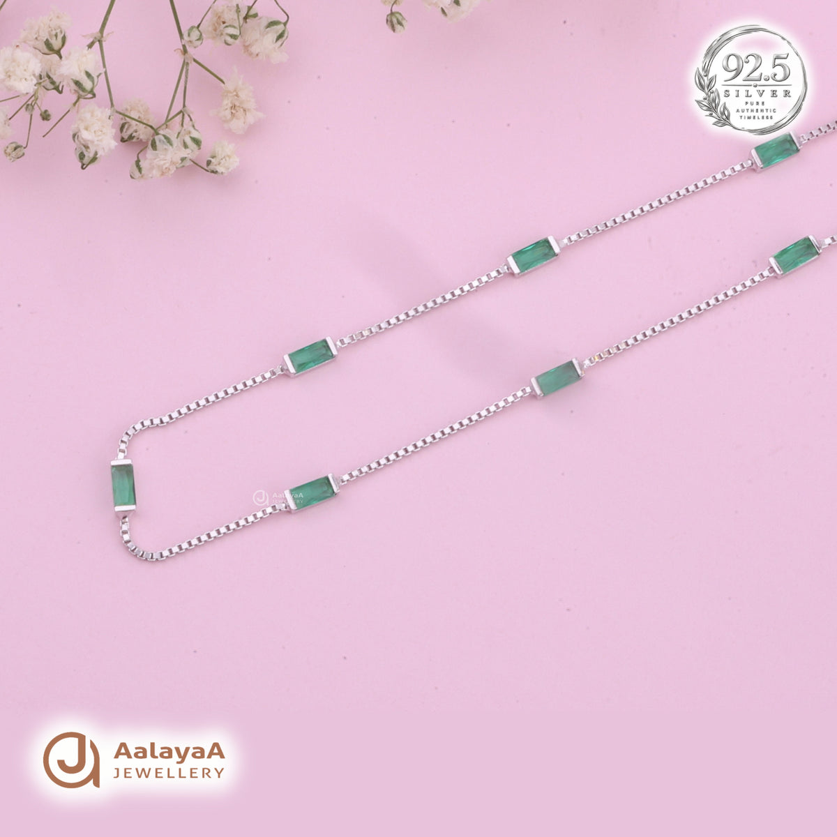 Silver Emerald Baguette Station Chain