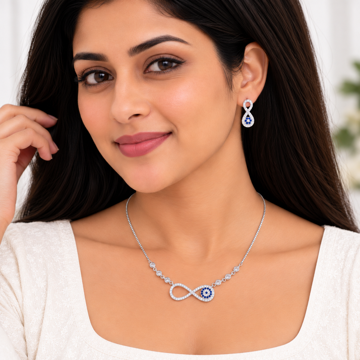 Silver Sapphire Infinity Necklace Set