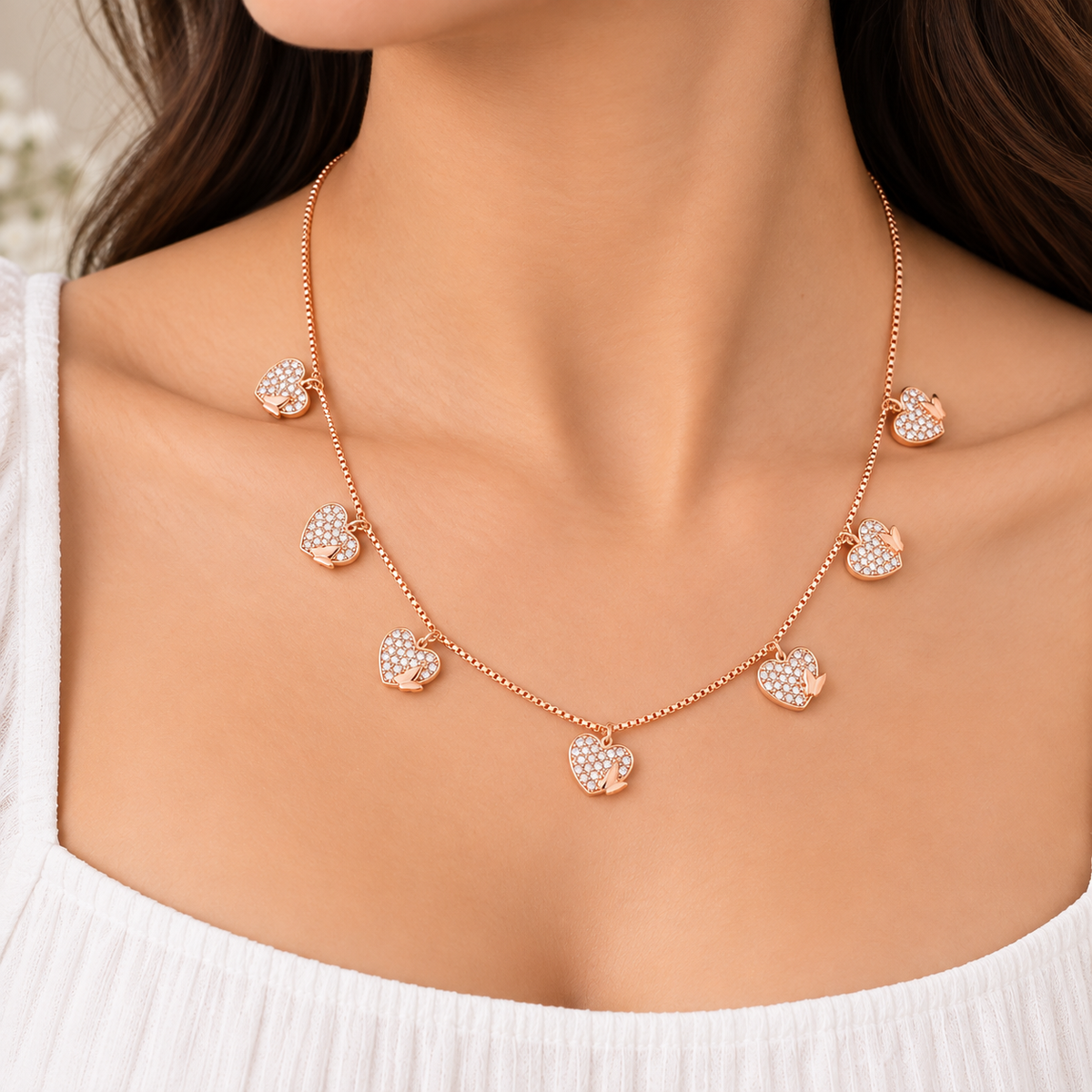 Silver RoseGold Amora Heart Necklace Set