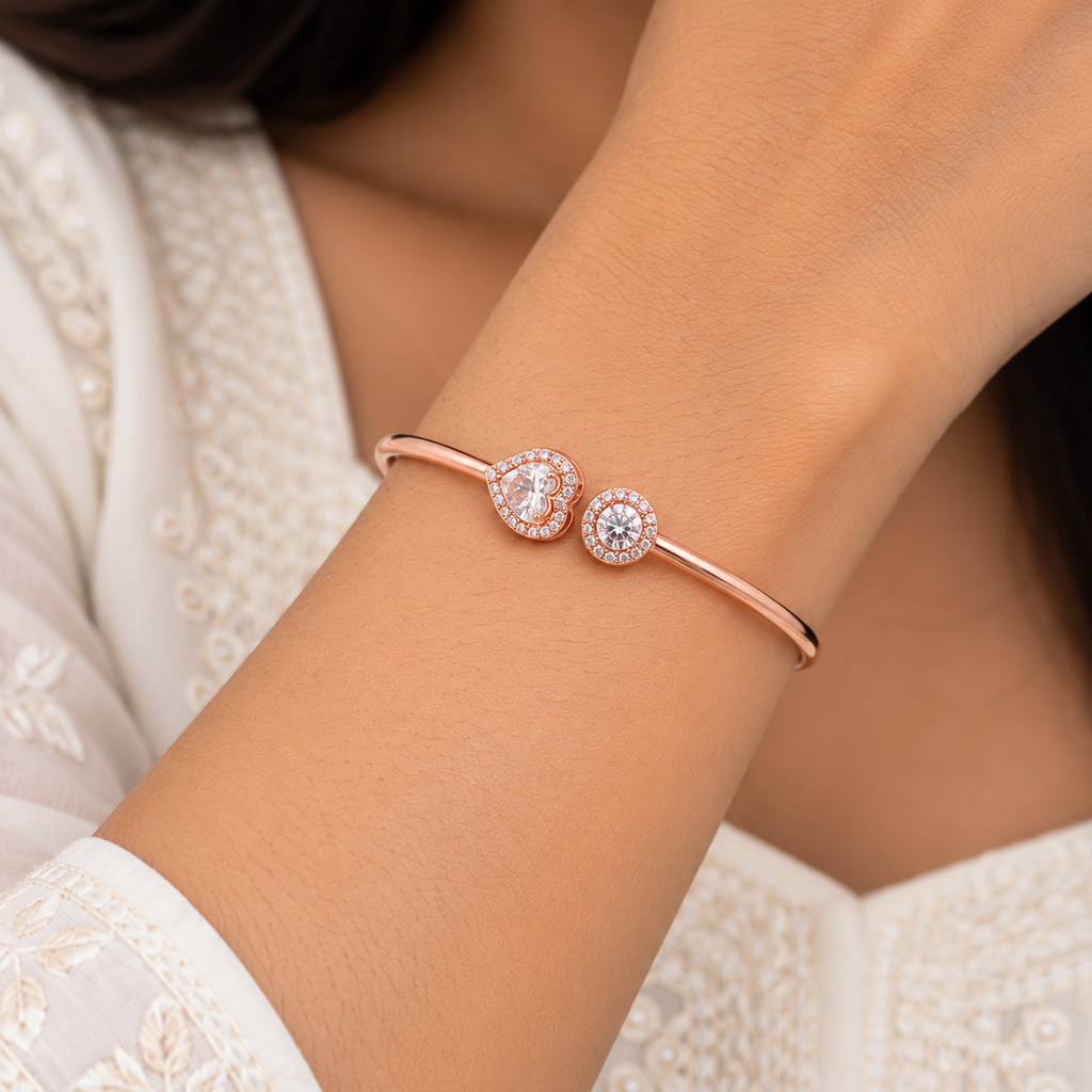 Silver Rosegold Heart Solitaire Kada
