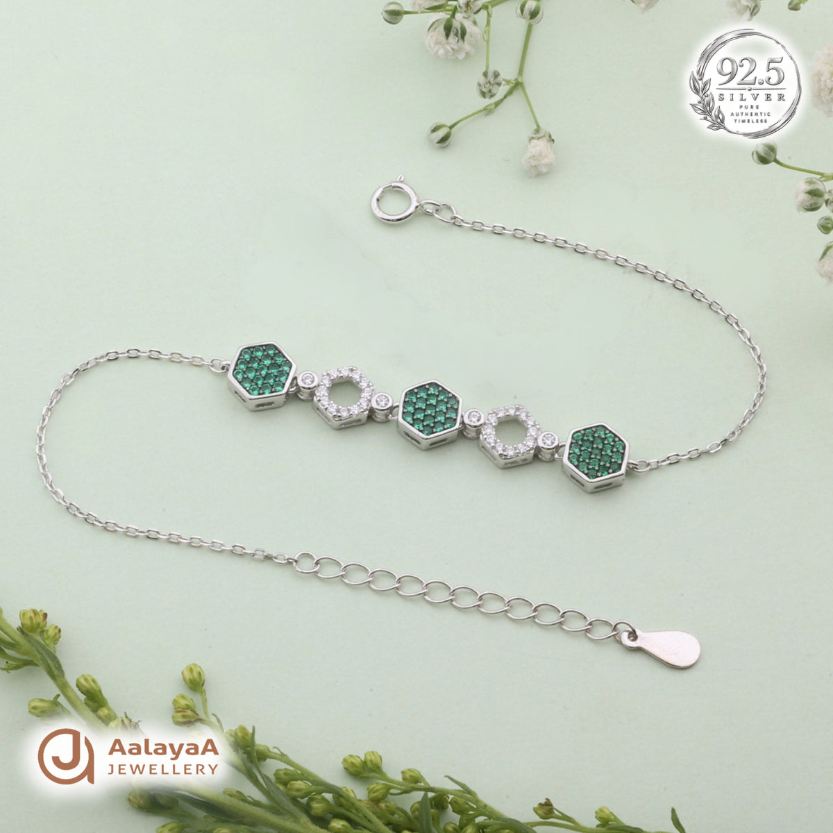 Silver Emerald Hexagon Bracelet
