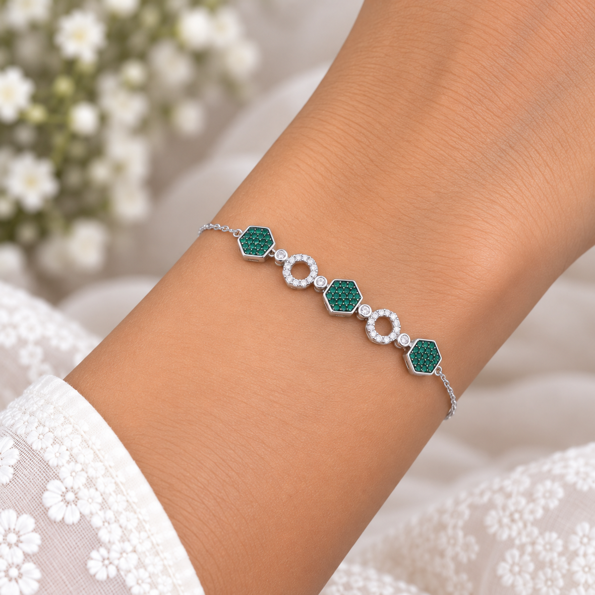 Silver Emerald Hexagon Bracelet