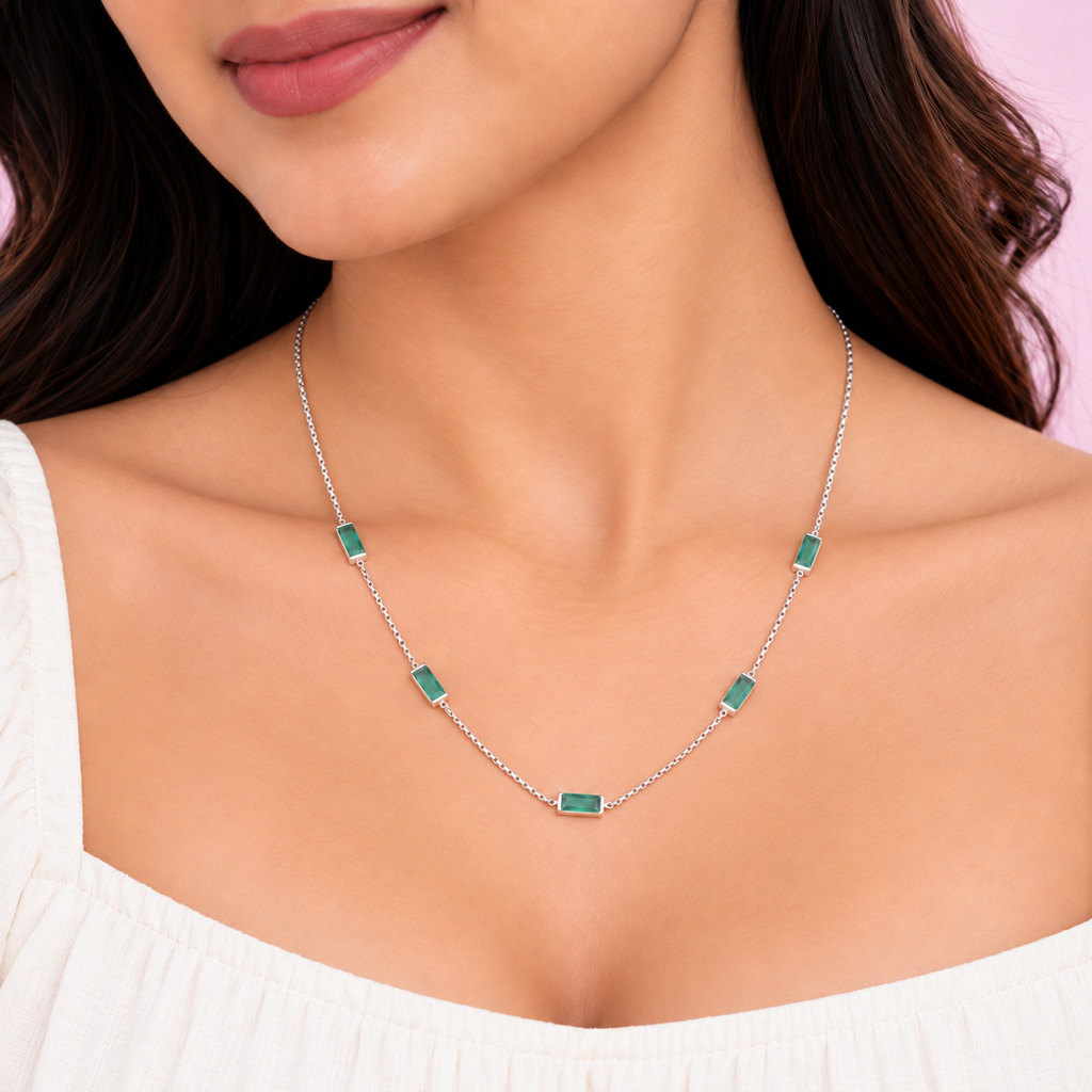 Silver Emerald Baguette Station Chain