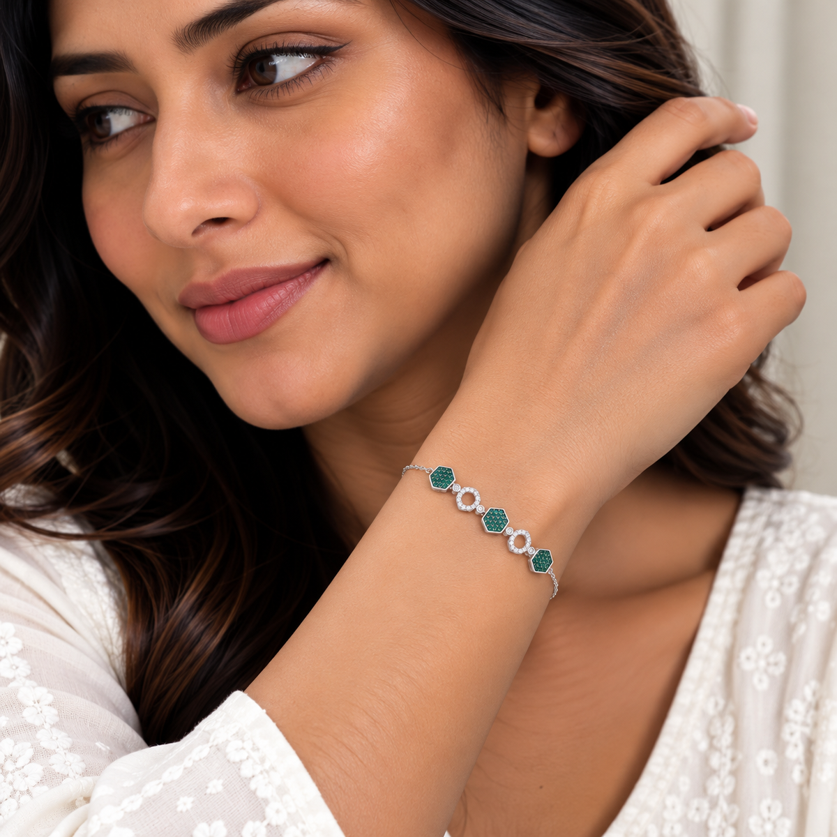 Silver Emerald Hexagon Bracelet