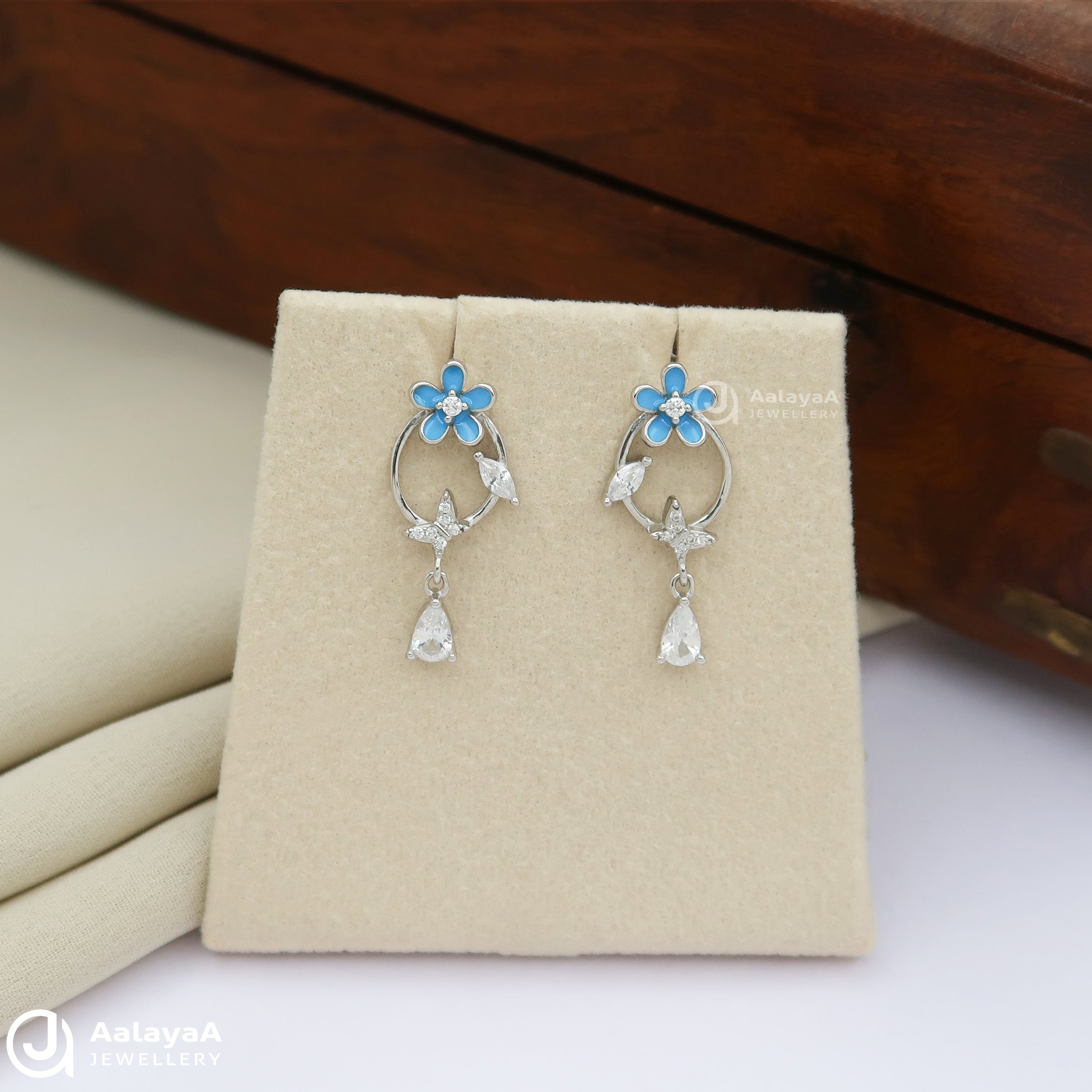 Blue Floral Butterfly Silver Drop Earrings