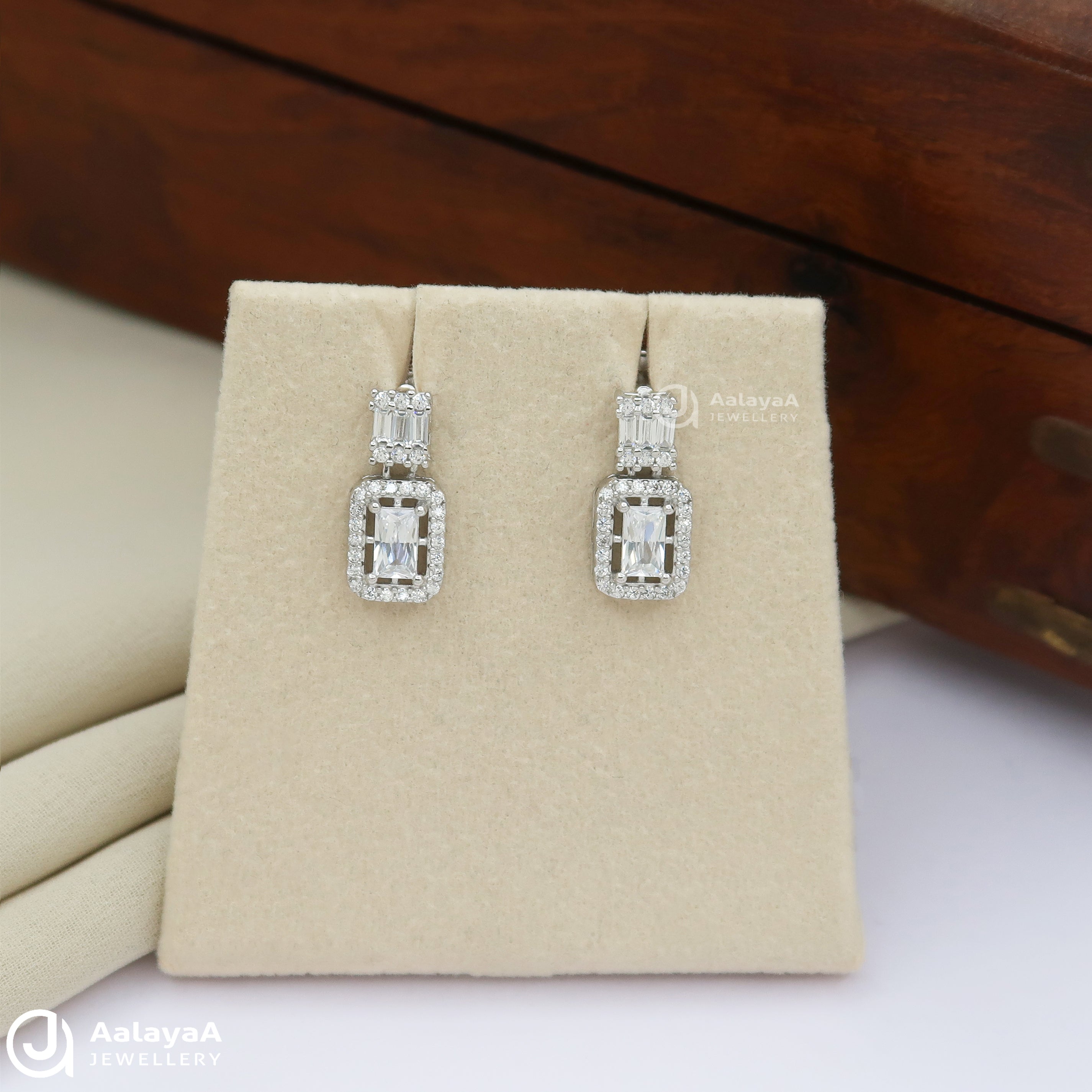 Buguette Stone Silver Drop Earrings